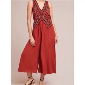Anthropologie Desert Orange Embroidered Jumpsuit